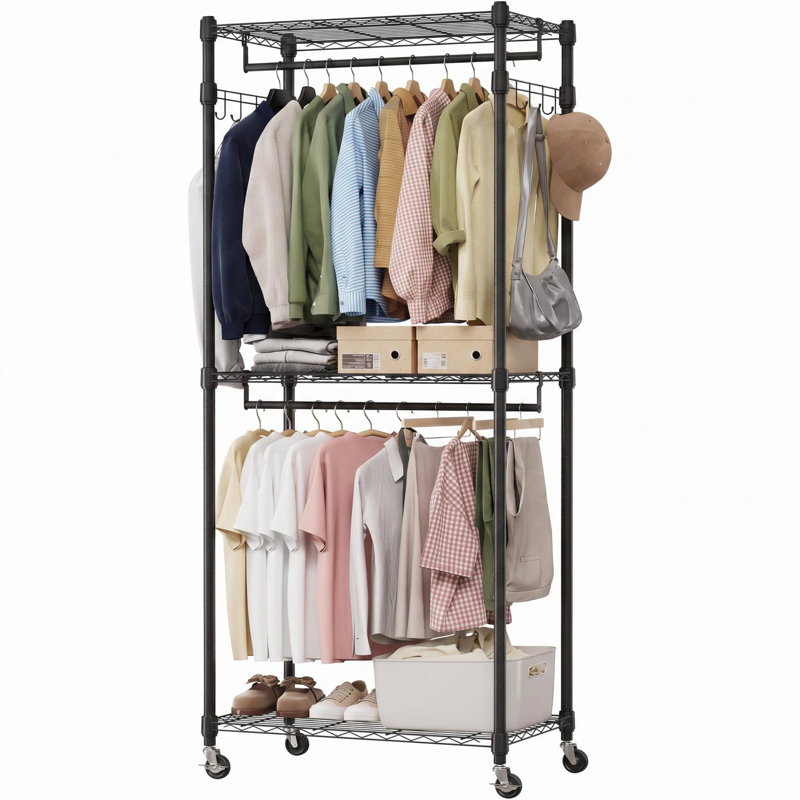 45.28"W Rolling Double Clothes Rack, 3-Tier Adjustable Garment Organizer with 2 Hanging Bars, 660 LBS Heavy Duty Steel Clothing Storage, Locking Wheels, Side Hooks, Black
