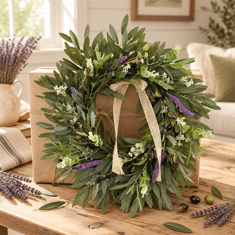 Couronne artificielle 17,72 po olive et lavande avec ruban en toile de jute