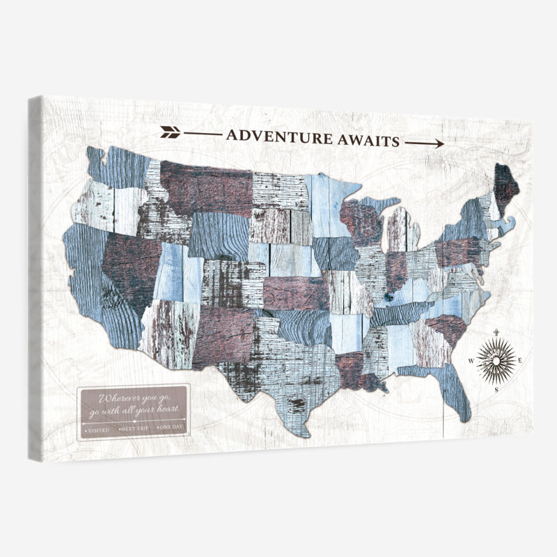 «Adventure Awaits I Push Pin USA Amrico», H 16 po x l 24 po
