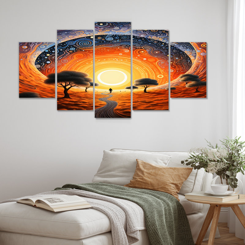 Celestial Loops Oasis Path - Ensemble d'art mural abstrait paysage 5 pièces, H 32 po x l 60 po