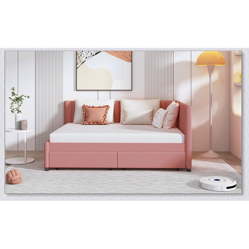 Full Upholstered Daybed With 2 Storage Drawers Sofa Bed Frame, Pink
