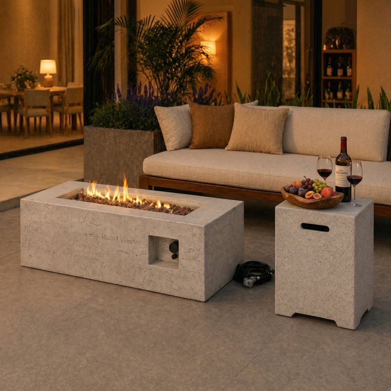 Ensemble de table de foyer d'extérieur au propane 40 000 BTU avec couvercle de réservoir, Beige