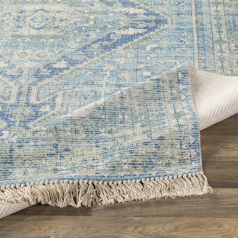 Tapis bleu en coton tissé à la main Wensley, Rectangle 8 pi x 10 pi