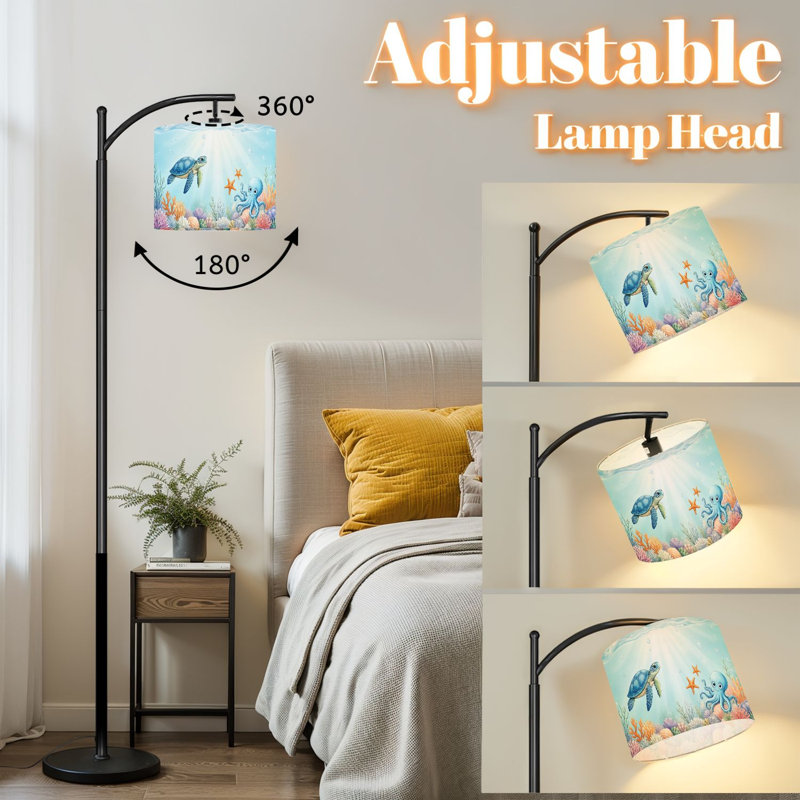 Lampe sur pied à arc avec abat-jour réglable Scène de mer, tortue de mer, pieuvre, étoile de mer, lampe sur pied, vie marine, 3 couleurs, intensité variable, haute lampe sur pied avec interrupteur au pied pour la chambre à coucher