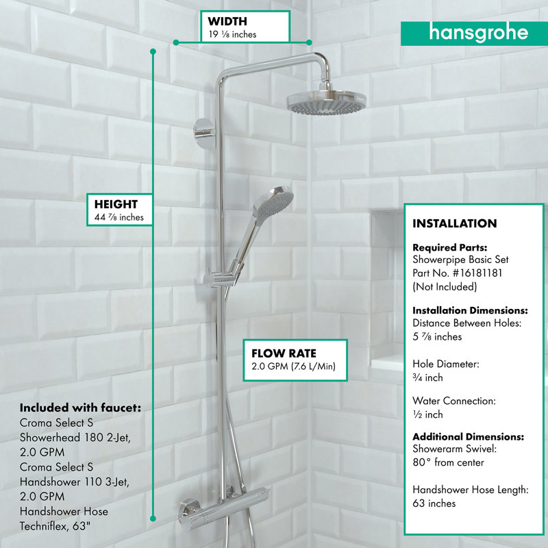 Croma Pressure Balanced Complete Shower System, Chrome