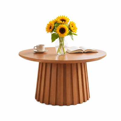 Round Solid Wood Coffee Table, 31.5-inch Fluted Wood Circle Center Tea Table for Living Room
