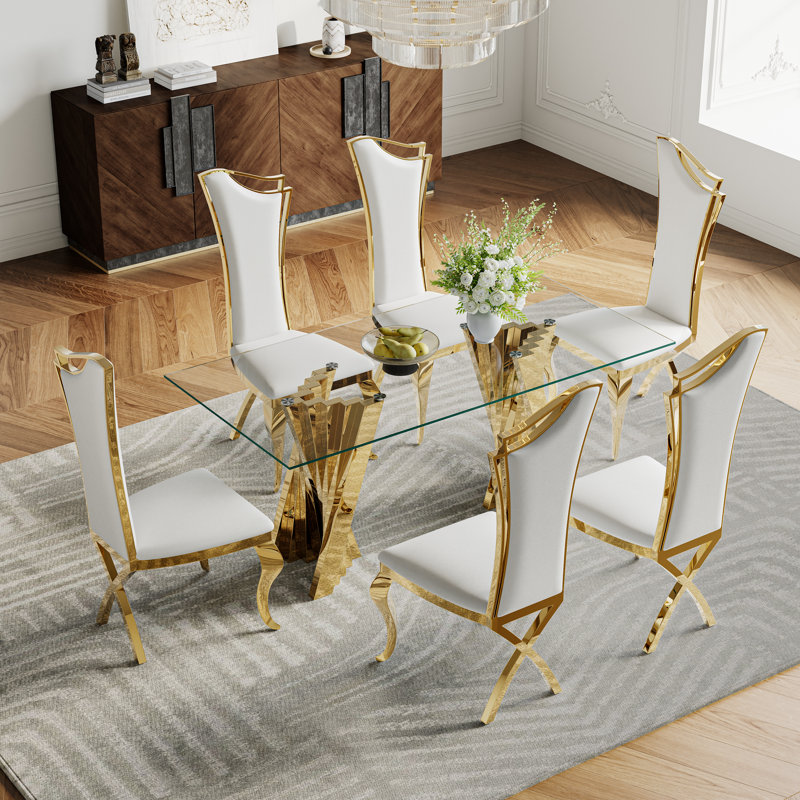 Ensemble repas, Doré, Blanc / Doré, 7 pièces : table, 6 chaises