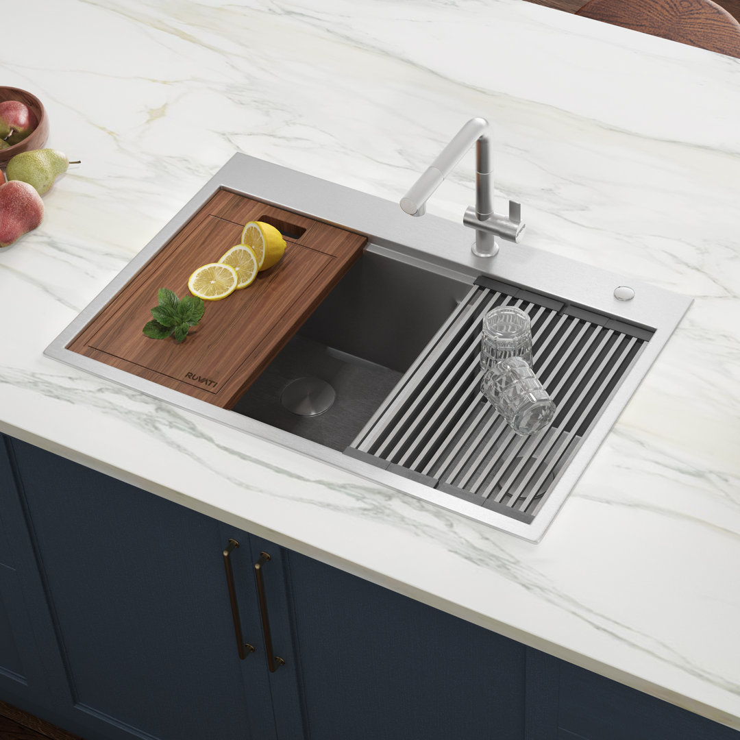 Ruvati 33 x 22 inch Workstation Drop-in 40/60 Double Bowl Topmount Rounded Corners Kitchen Sink Ruvati