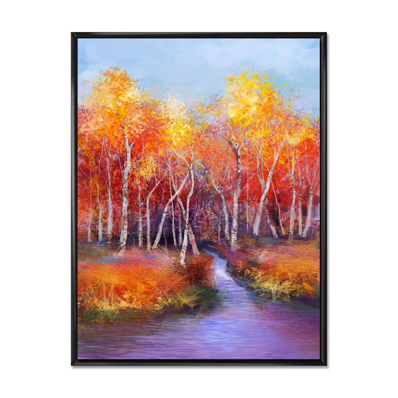 Abstrait forêt d'automne par le défunt II - Peinture, H 20 po x l 12 po x P 1 po, Cadre flottant noir