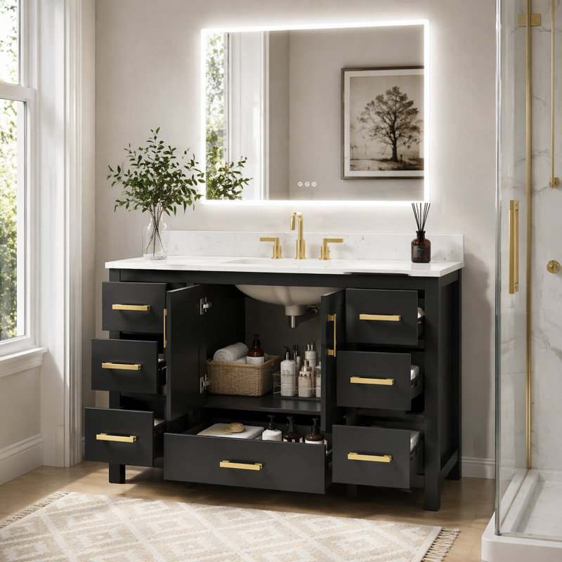 Ensemble de meuble-lavabo autoportant noir 49 po avec lavabo encastré et comptoir en pierre artificielle Sirois