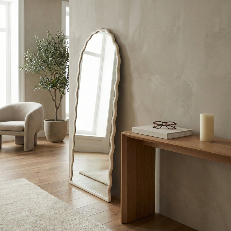 Wavy Arched Framed Wall Mirror for Bathroom and Vanity Table Display - Decorative Large Mirrors Accent for Tabletop Styling - 59", White