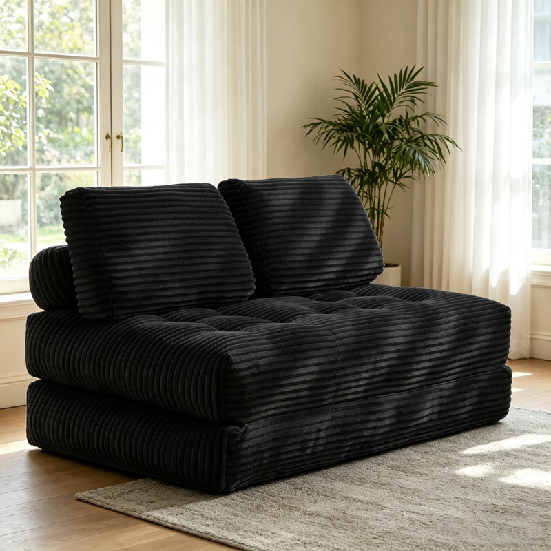 Boneless Upholstered Modern Convertible Lazy Sofa, Compression Lounge Couch for Living Room, Bedroom, Black, 2
