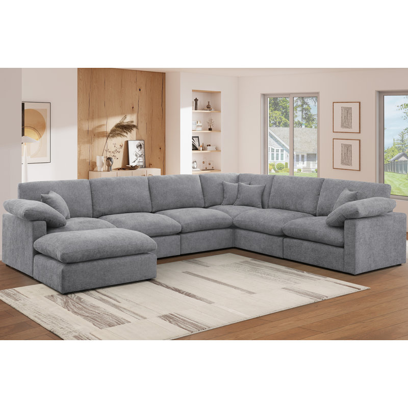 Reversible 7-Piece Corner Sectional Couch, Chenille Cloud Sofa With Removable Ottoman, Light Gray Chenille