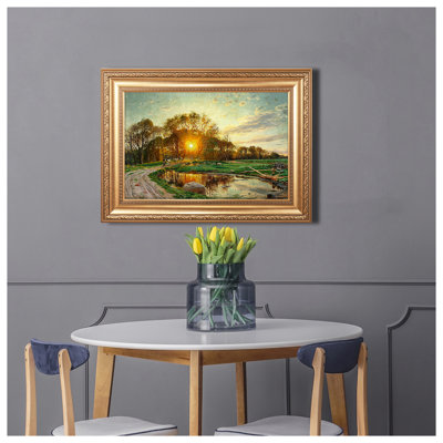 «Cows Are Led Home On A Summer Evening» par Peder Mork Monsted, format encadré: 22 X 30 pouces, format de l'image: 16 X 24 pouces, cadre doré The World Classic Reproductions d'art, art mural pour la décoration intérieure