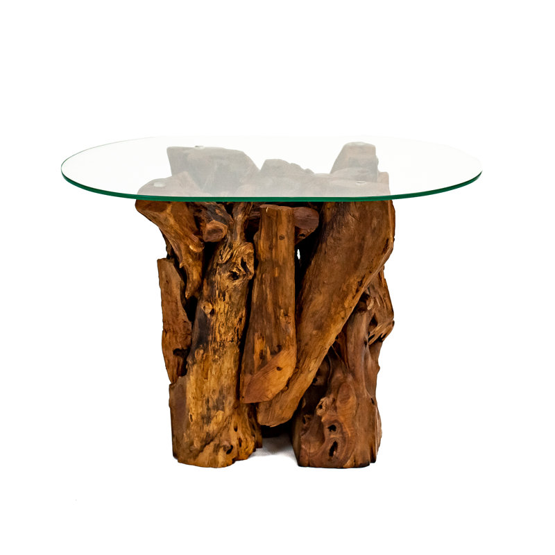 Modern Woodland Teak Root Glass Top End Table Handmade Natural Side Table with Tempered Glass