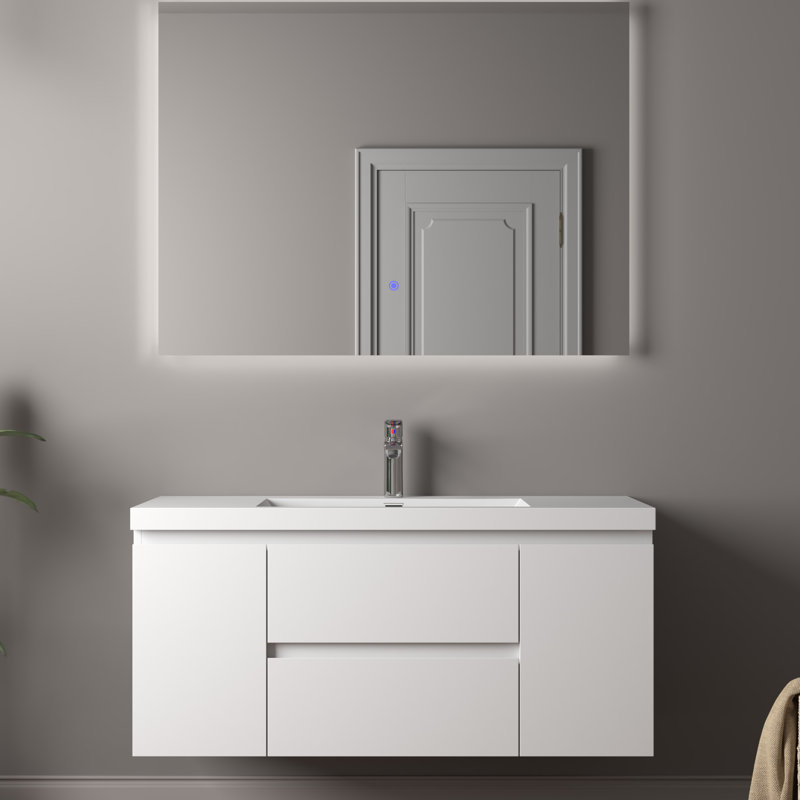 Meuble-lavabo mural simple de 48 po avec comptoir en pierre blanc brillant, 2 tiroirs et 2 portes