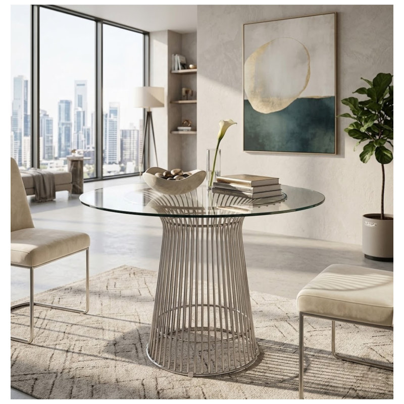     Pangea Home Florence Damyrah Round Glass Dining Table – Modern Clear Tempered Glass Top & Metal Wire-Frame Base - 4 Seat - Kitchen, Dining, Office