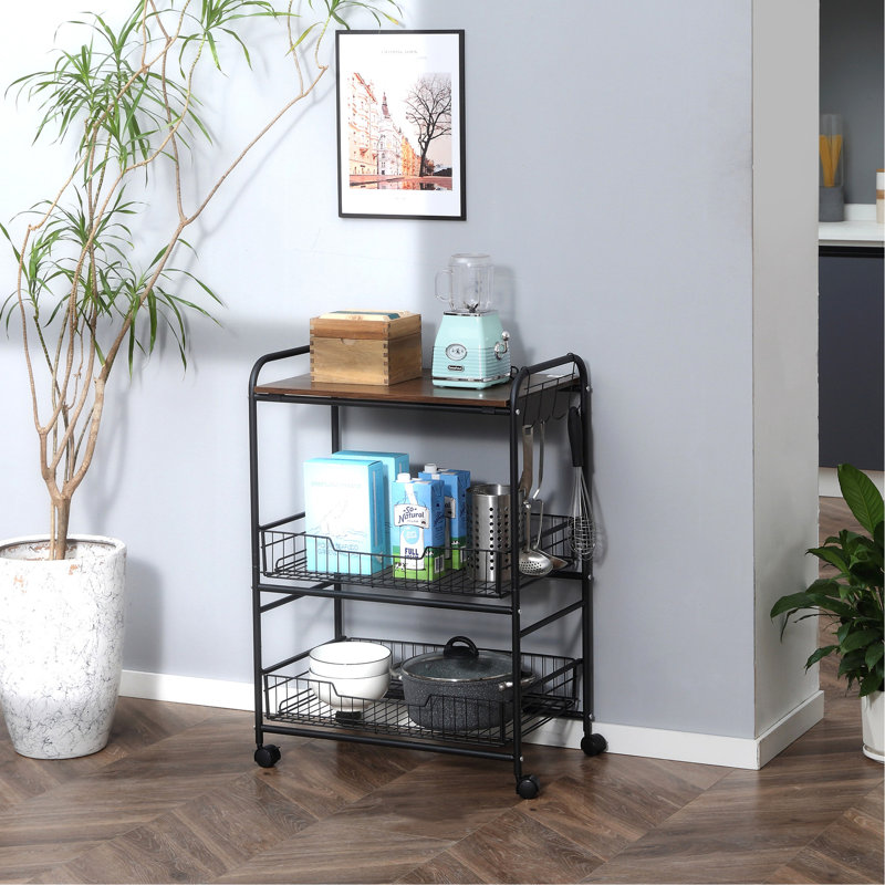 Walnut 3 Tier Kitchen Cart With 2 Sliding & Side Hooks, Compact For Efficient Storage Island Adaptable Various Room Settings