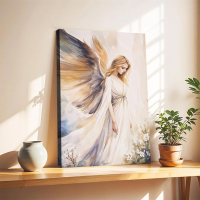 Élégante aquarelle d'un ange gardien blond, grande toile tendue sur châssis, idéale pour le salon ou la chambre.