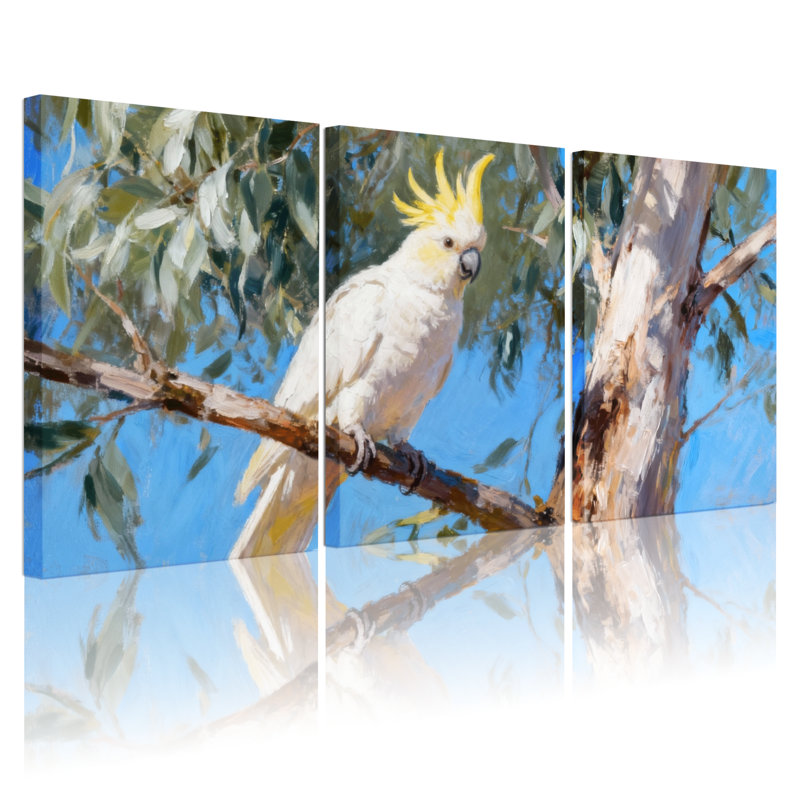 Oiseaux cacatoès perchés sur une branche d'arbre, fond de ciel bleu, ensemble de 3 impressions sur toile, H 24 po x l 48 po