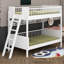 Lit superposé simple au-dessus de simple avec 3 tablettes de rangement, lit superposé en bois massif avec échelle, garde-corps, échelle pouvant être changée à gauche ou à droite-643786459