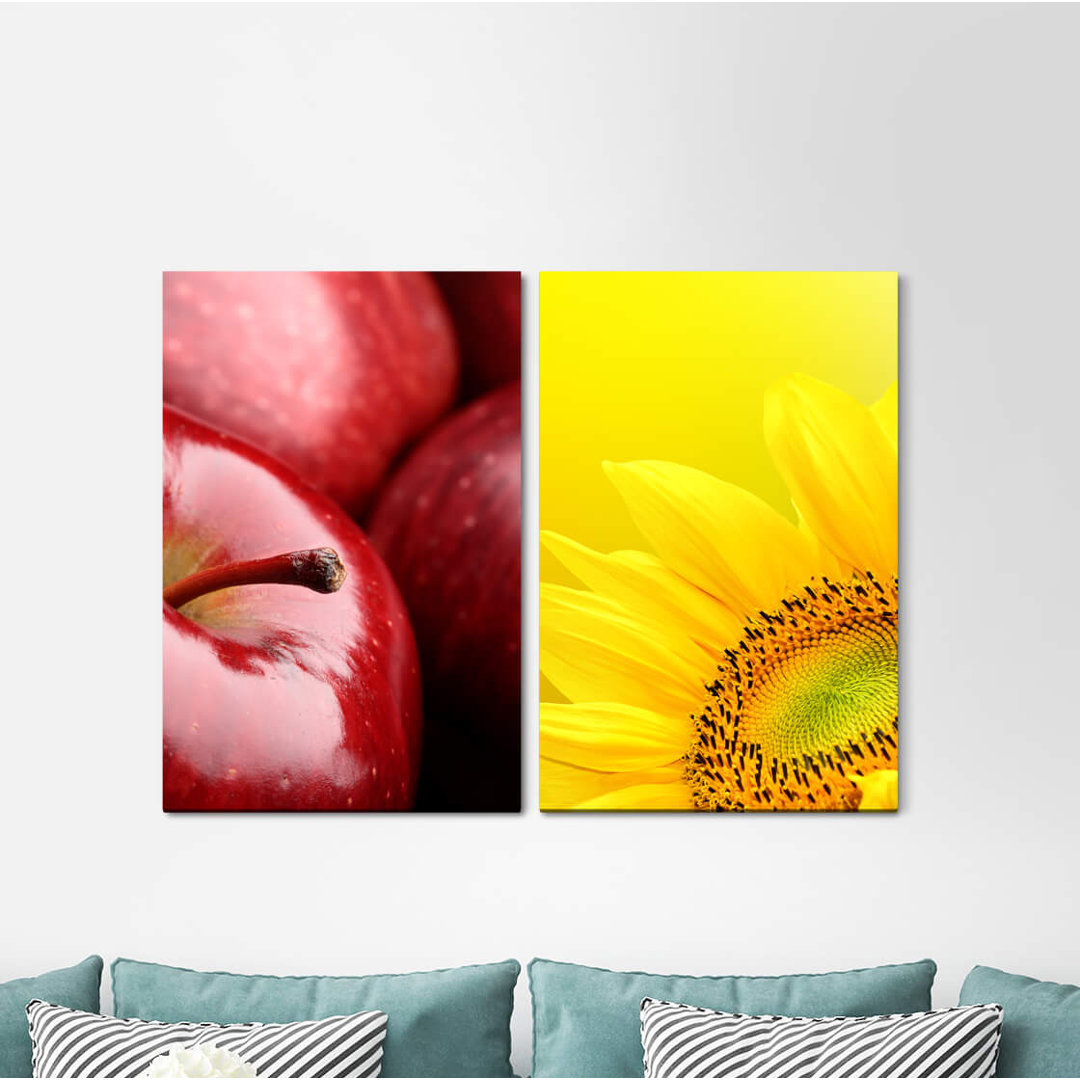 2-tlg. Leinwandbilder-Set - Fotografie „Apple Red Sunflower Yellow Kitchen Food”