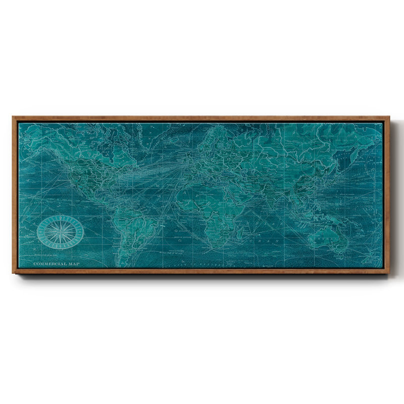 Carte du monde azur - toile encadrée, H 12 po x l 30 po x P 1,5 po, Noyer