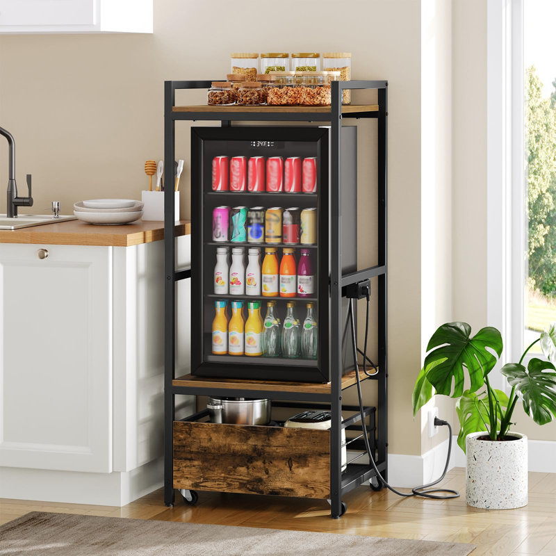 Support pour mini-réfrigérateur avec tiroir amovible, support pour micro-ondes avec prise électrique, tablette pour mini-réfrigérateur avec tablettes réglables, étagère de cuisine pour dortoir, salle à manger, maison (brun rustique)