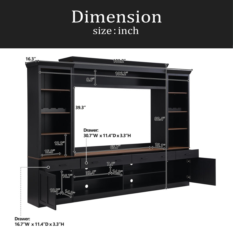 Farmhouse 4-Piece Entertainment Wall Unit Set with Bookshelf for TVs Up to 70", Walnut TV Stand with Adjustable Shelves, Mid-Century Large Media Console with Wine Rack for Living Room