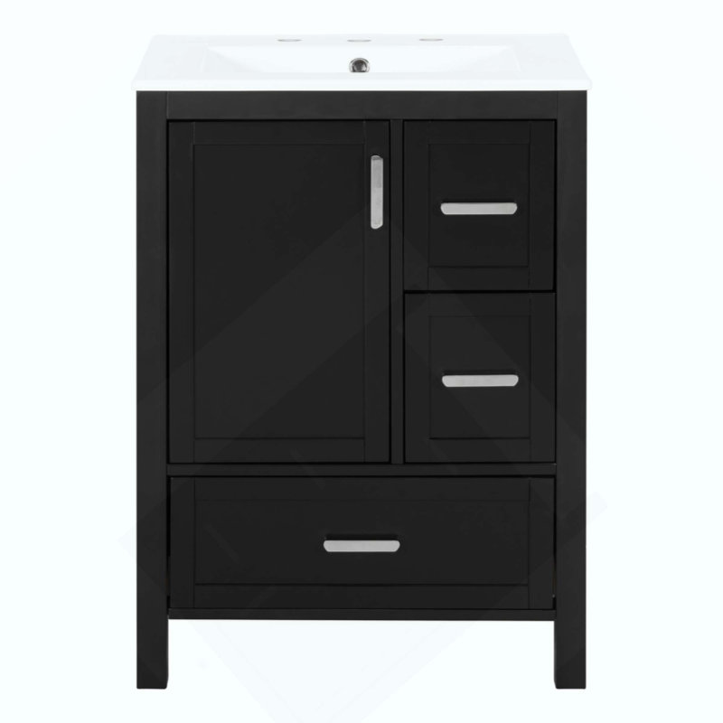 Meuble-lavabo moderne avec lavabo en céramique, porte à fermeture douce, tablette de porte double couche et 3 tiroirs, Noir