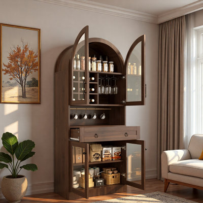 Mid-Century Arched Bar Cabinet with Adjustable Shelf, Large Drawer, 5 Hooks, 9 Wine Racks, 3 Glass Holder and Tempered Glass Doors