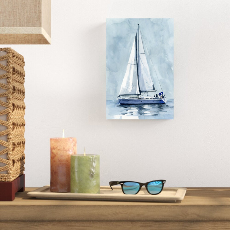 " Lone Sailboat I ", 12" H x 8" W x 1.25" D, Silver Framed Print, White