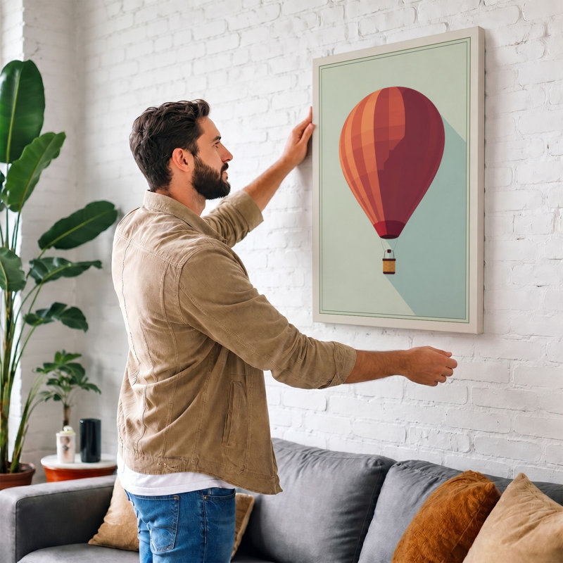Hot Air Balloon Rising Geometric - Wrapped Canvas, 18x12 - 45.7 x 30.5 cm, Cream Border