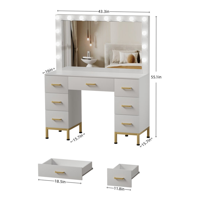 Azmira 43.3'' Large Makeup Vanity, Vanity Set with Lighted Mirror, White