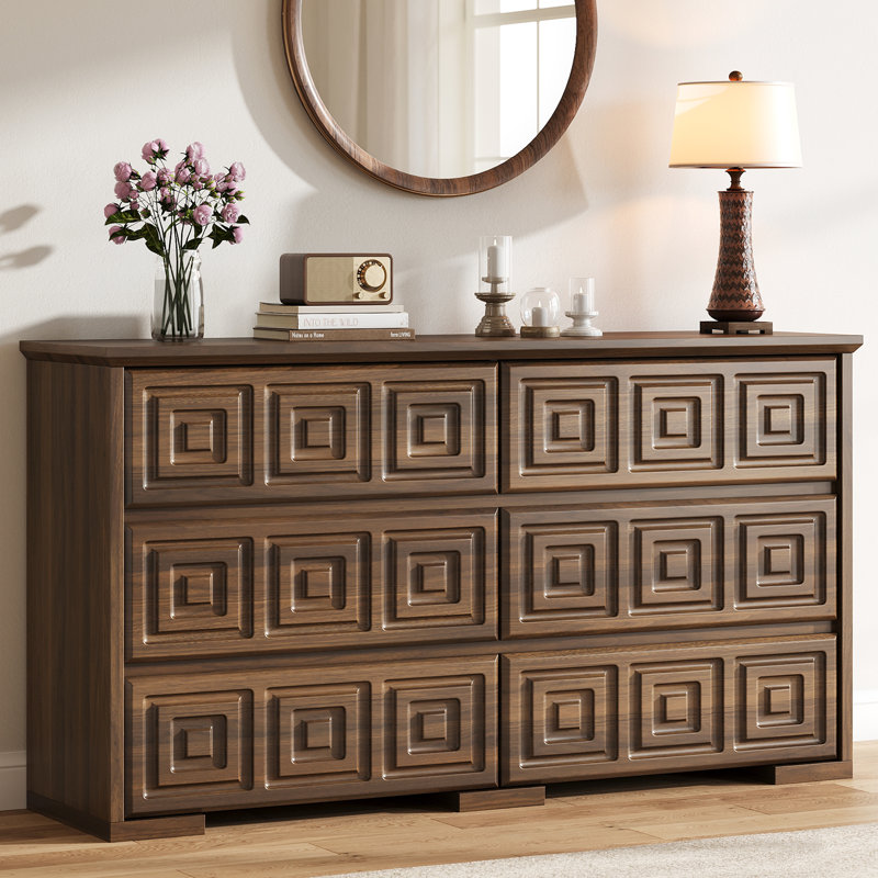 53.9" Modern 6 Drawer Dresser For Bedroom, Black & Walnut Wood Chest Of Drawers With Geometric Carved, Wide Storage Organizer With Metal Slides & Anti-Tip Kit
