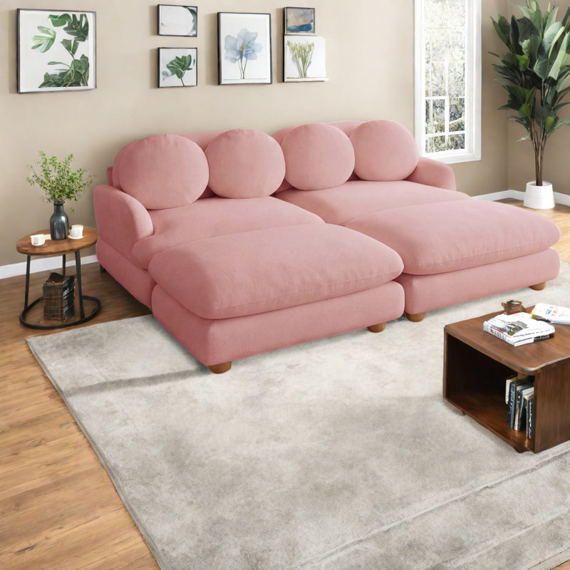 Canapés modernes, canapé profond 2 places en chenille, structure en bois, pouf pour la maison, Rose