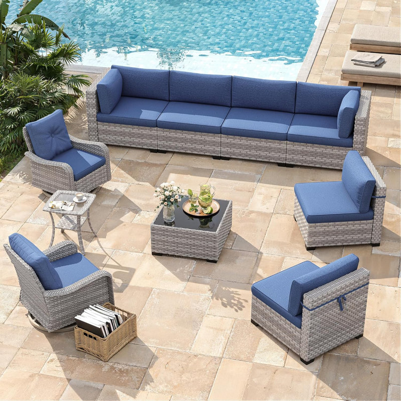 8 - Person Outdoor Rattan Furniture Patio Set with Cushions, Navy