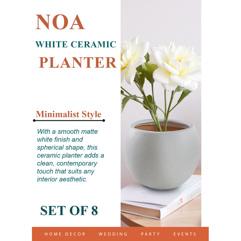  Pot à fleurs en céramique blanche Noa, pots ronds mats avec intérieur en argile naturelle pour plantes grasses, petites plantes, décor de maison et de bureau moderne, 6,2 po de diamètre et 5 po de hauteur, paquet de 8