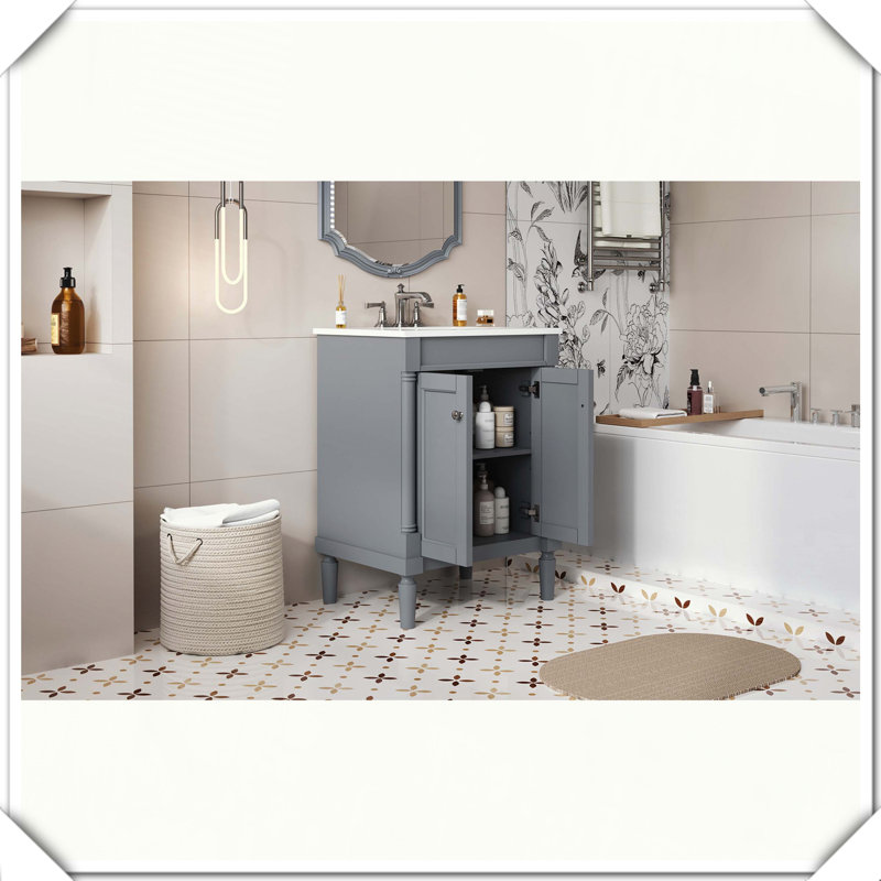 Grand meuble-lavabo moderne à 2 niveaux avec lavabo supérieur, Gris
