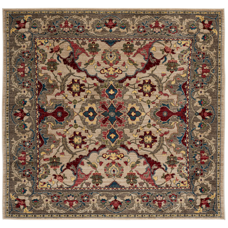 Bisen Performance Oriental Rug, Square 6'7", Ivory/Taupe