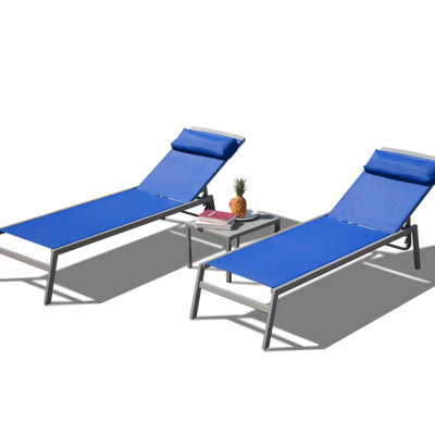 3 Backyard Recliner - Adjustable , , Aluminum Frame (Blue Garden Chaise Lounge Chairs 2 + 1 Table,