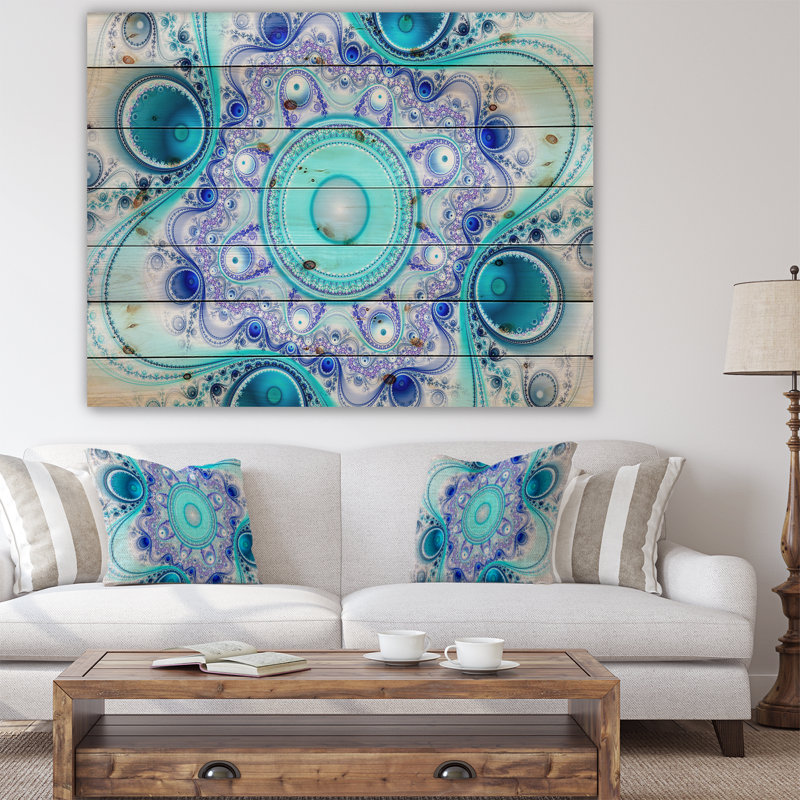 «Turquoise Wavy Curves and Circles», impression, H 15 po x l 20 po, Bois