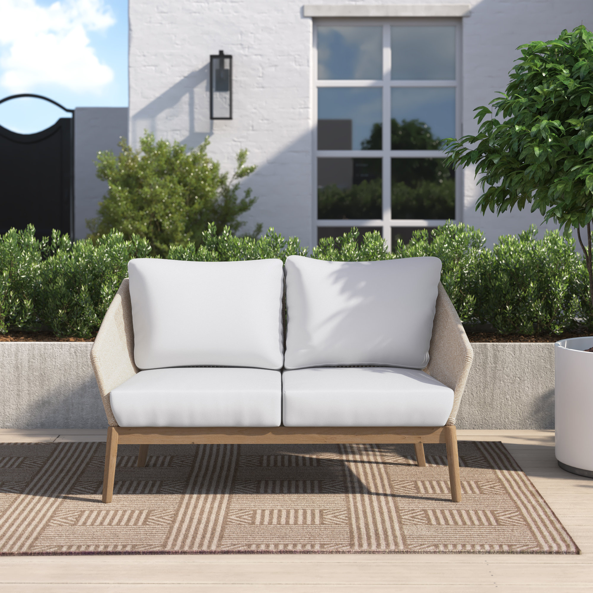 Bowery 51'' Wide Rectangle Acacia Loveseat with Cushions, Beige