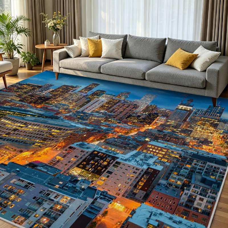 Tapis transparent lavable à la machine, du centre-ville Skyline, Rectangle 79" x 118"