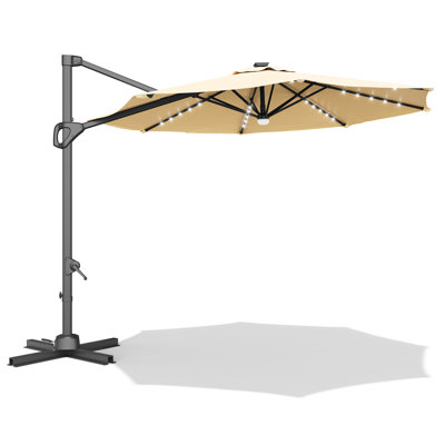 Solar LED Lights Offset Cantilever Patio Umbrella 10FT - 360° Rotation, Waterproof, Windproof, Easy Tilt, UV Protection, Cross Base, Outdoor for Garden, Pool, Deck, Backyard - Beige