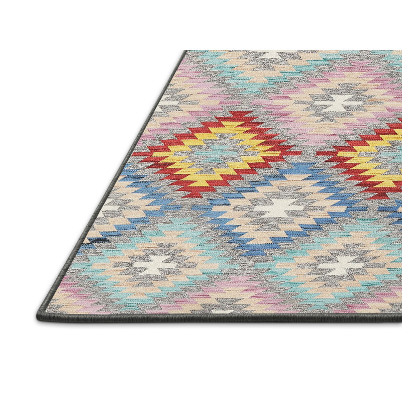 Tapis de zone rouge/jaune/rose contemporaine, Rectangle 5 pi x 7 pi