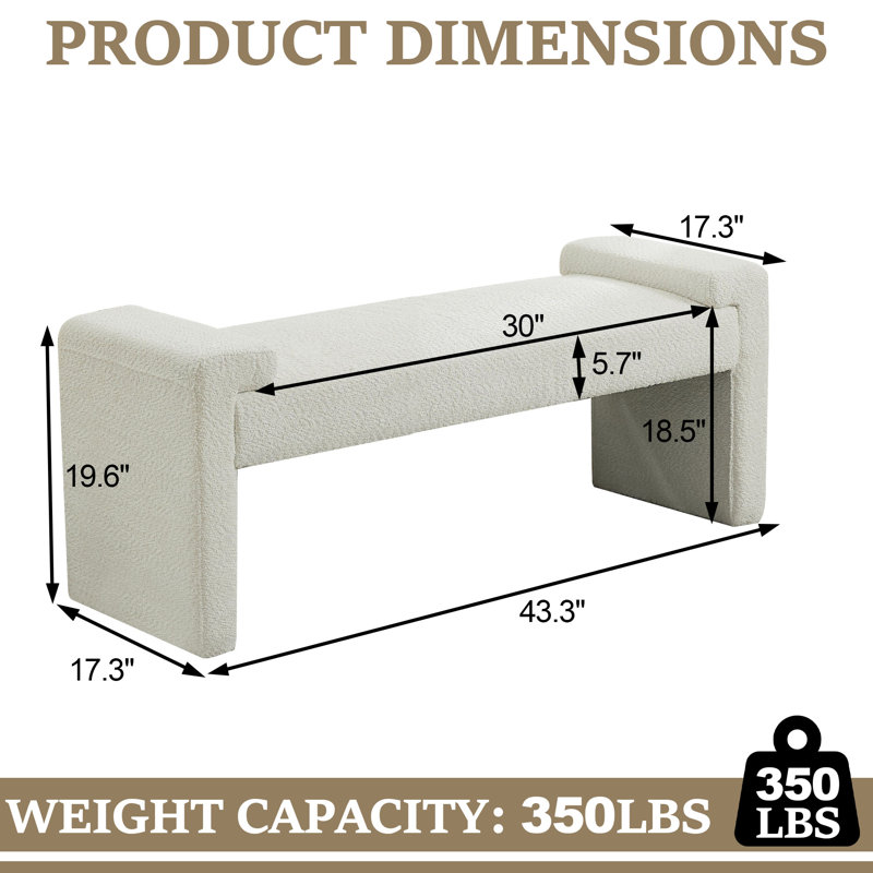 Banc de chambre rembourré l 43,3 po, Sherpa blanc, H 19,6 po x l 43,3 po x P 17,3 po