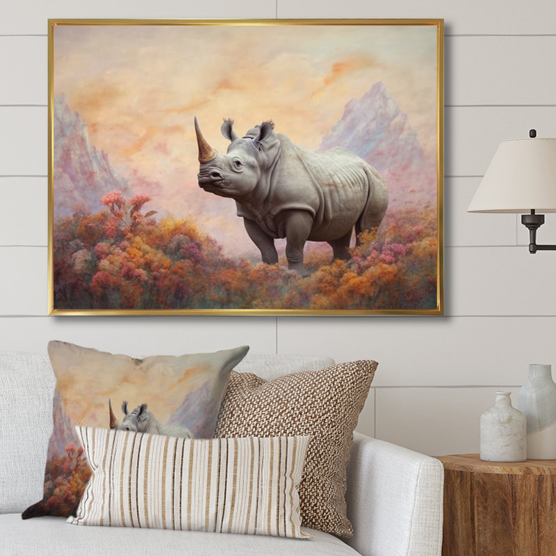 Wild Rhinoceros I sur impression sur toile, Cadre flottant doré, H 34 po x l 44 po x P 1,5 po