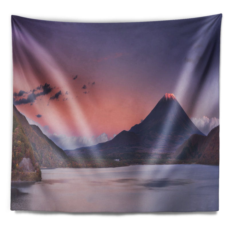 Paysage coucher de soleil au mont Fuji et tapisserie du lac Motosu, H 50 po x l 60 po