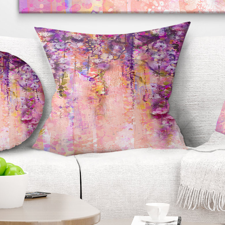 Coussin décoratif imprimé de fleurs roses et violettes, 16 po x 16 po, Carré